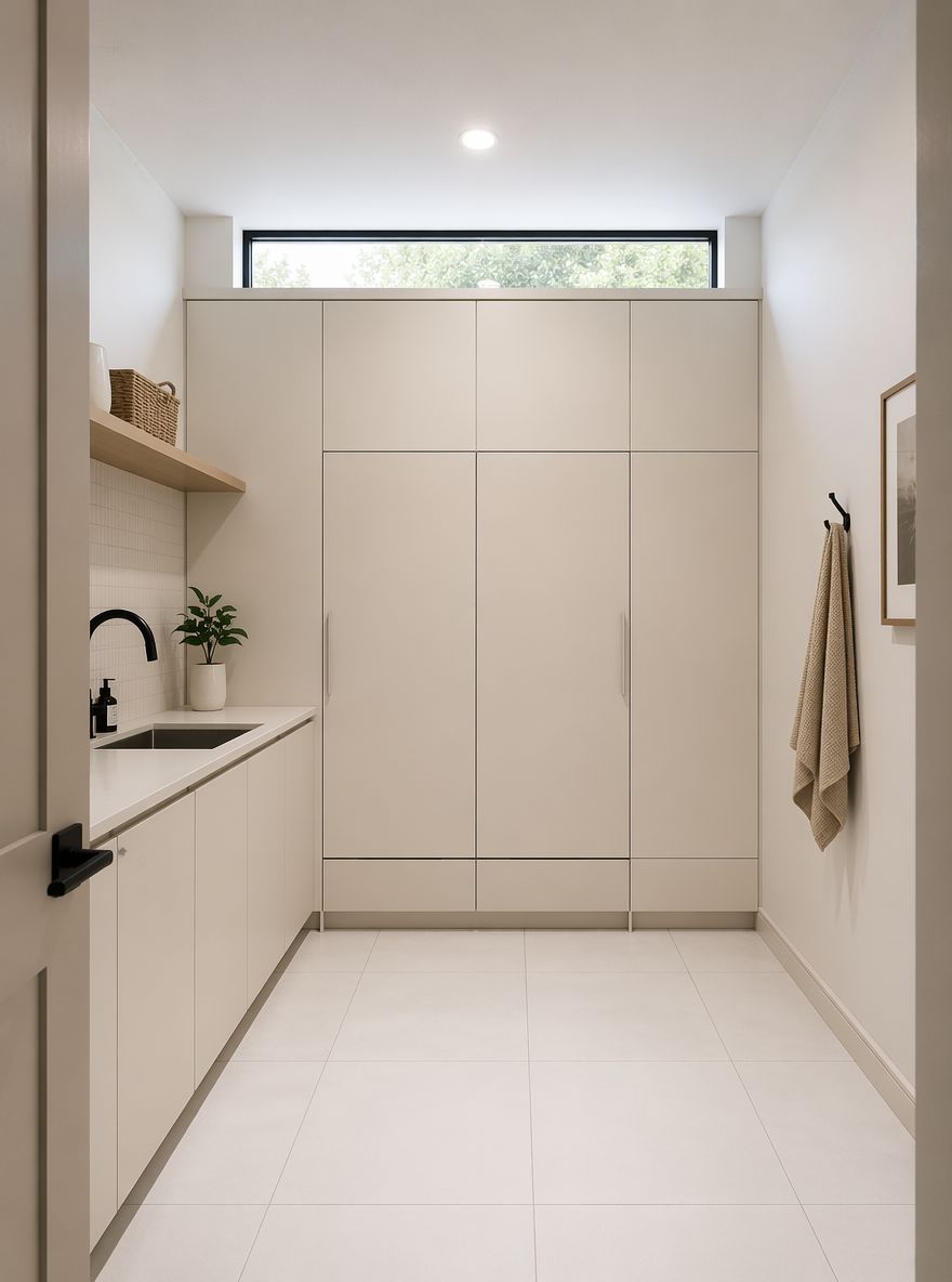 Full back wall of concealed panel-front cabinetry