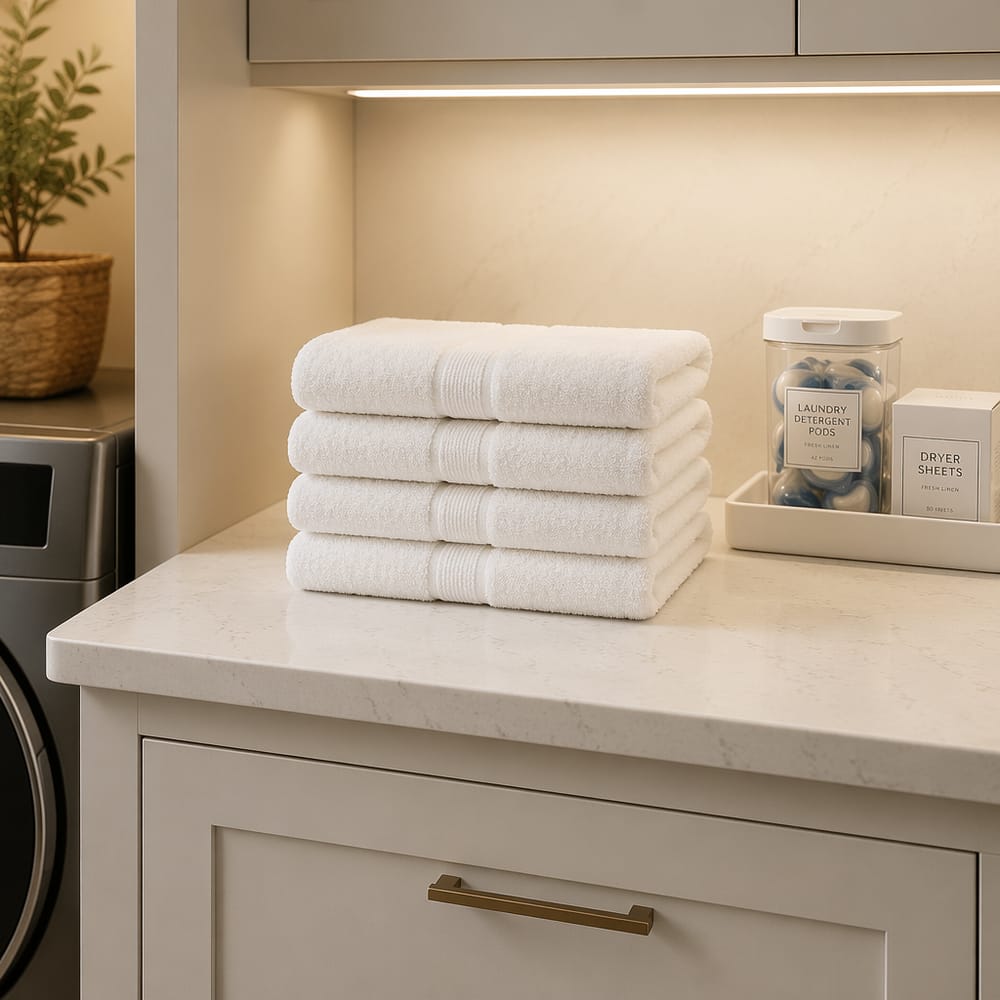 Folded towels on quartz countertop under cabinet lighting