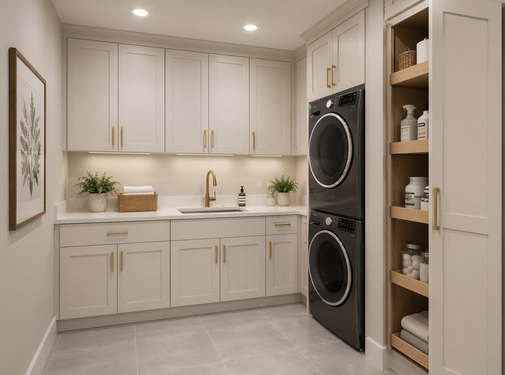 Warm white cabinetry with matte gold hardware throughout