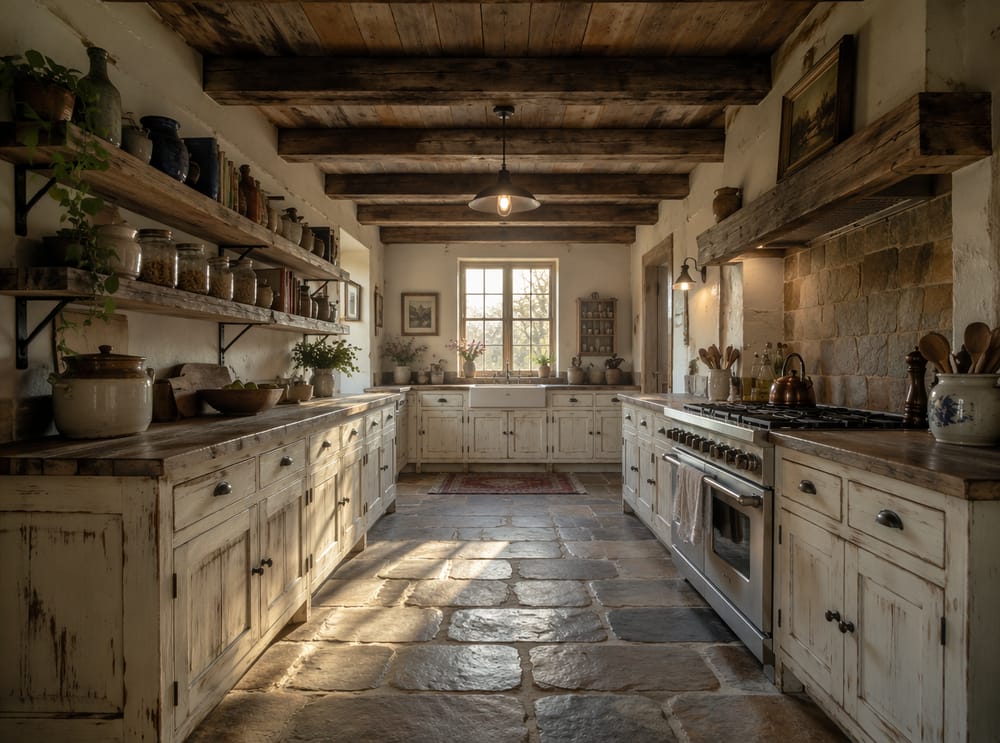 Cocina en pasillo con vigas de madera y salpicadero de piedra