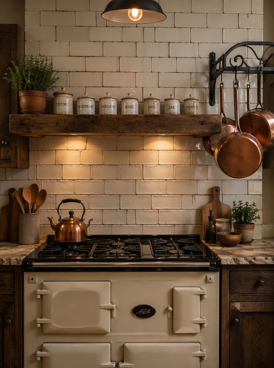 Cocina color crema sobre azulejo artesanal con sartenes de cobre