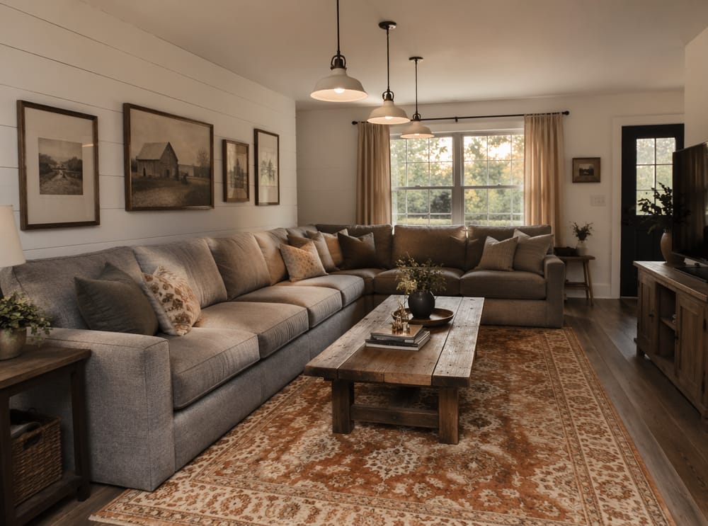 Sofá esquinero de lino bajo una hilera de lámparas colgantes esmaltadas