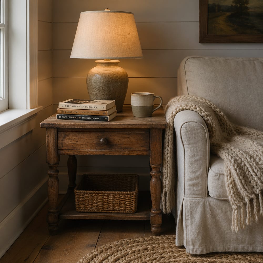 Lámpara de cerámica y libros gastados sobre mesa lateral de madera