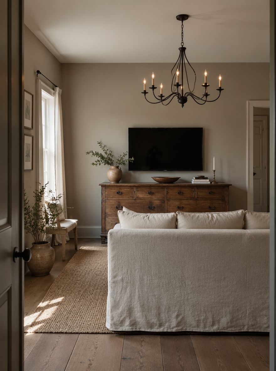 Cómoda antigua reutilizada como mueble para TV en la pared del fondo