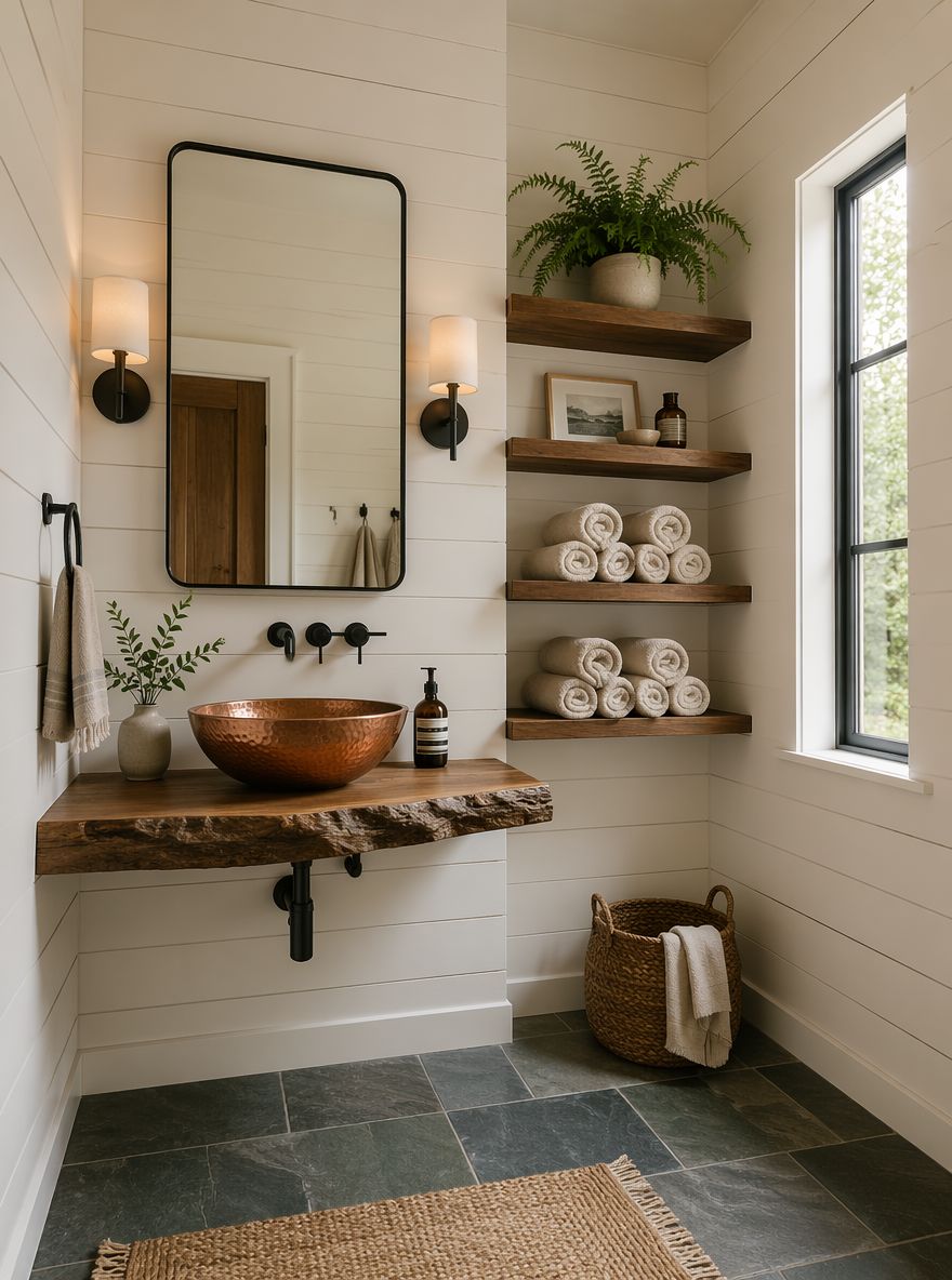 Hammered copper sink on live-edge shelf