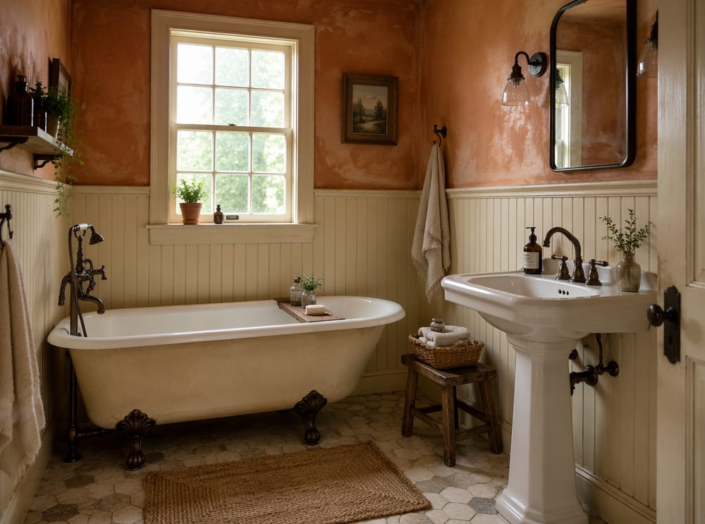 Terracotta plaster walls above cream beadboard