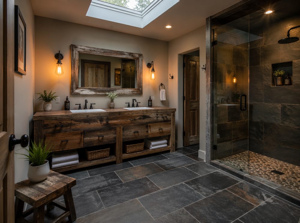 Reclaimed double vanity with river rock shower floor