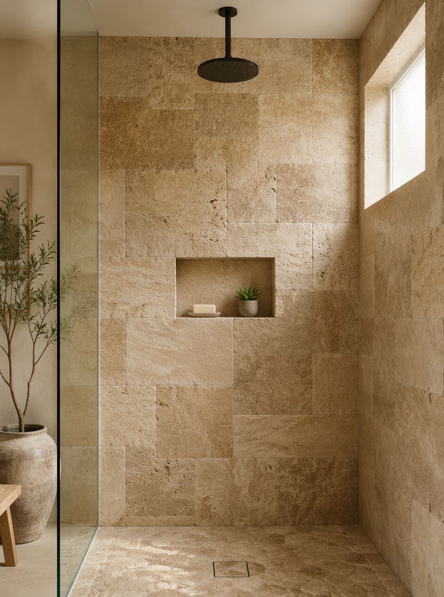 Travertine shower wall with built-in soap niche