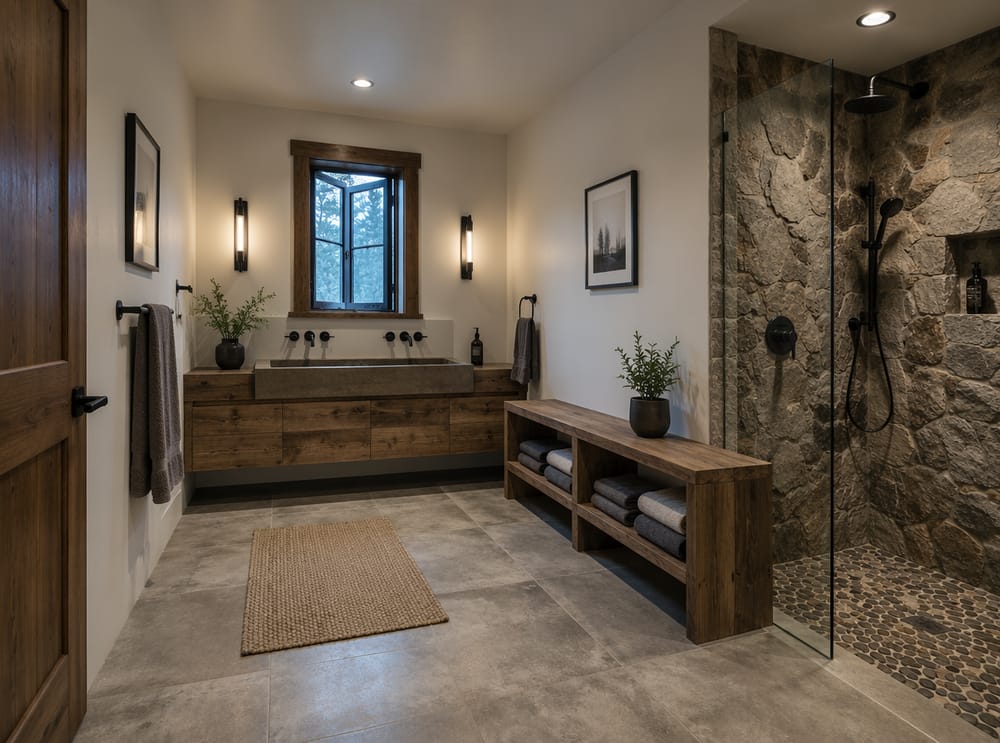 Fieldstone shower surround beside floating trough vanity