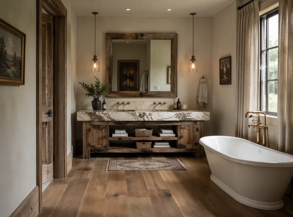 Rough-edge marble top on chunky wood vanity