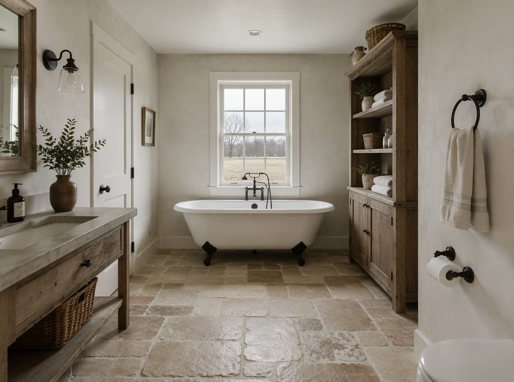 Cast iron soaking tub under bare double-hung window