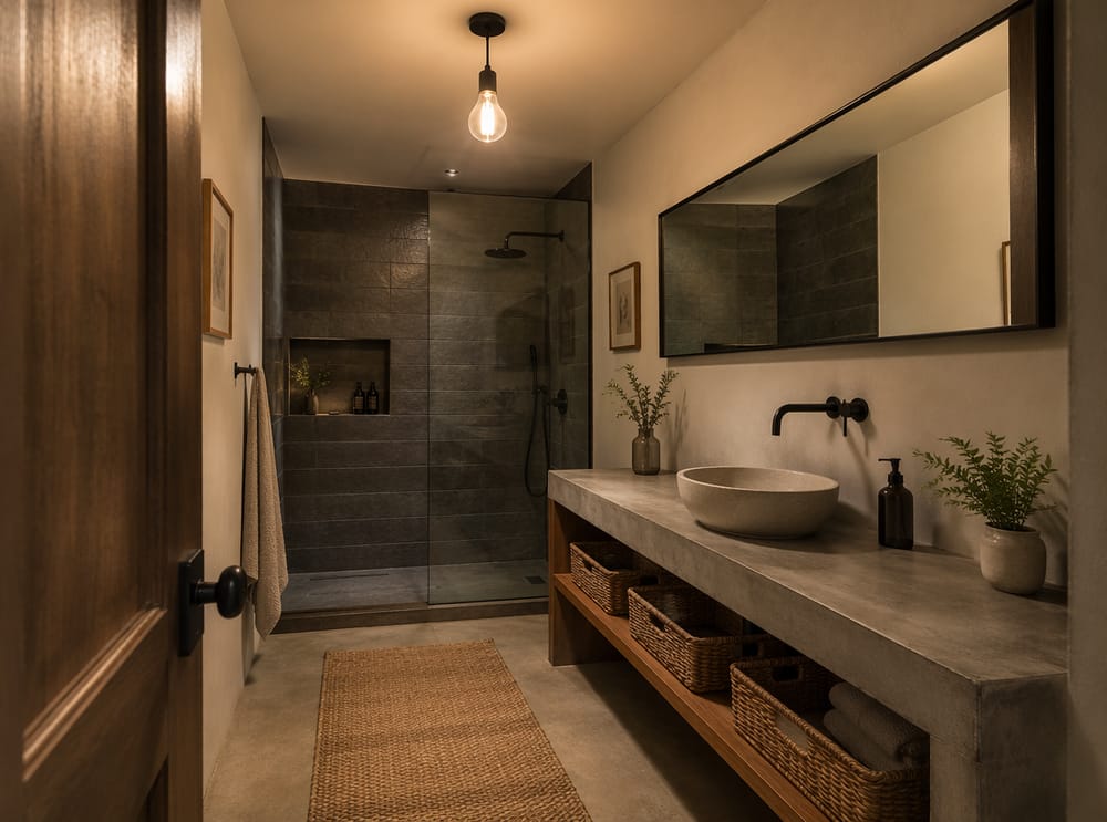 Concrete countertop vanity in a narrow en suite