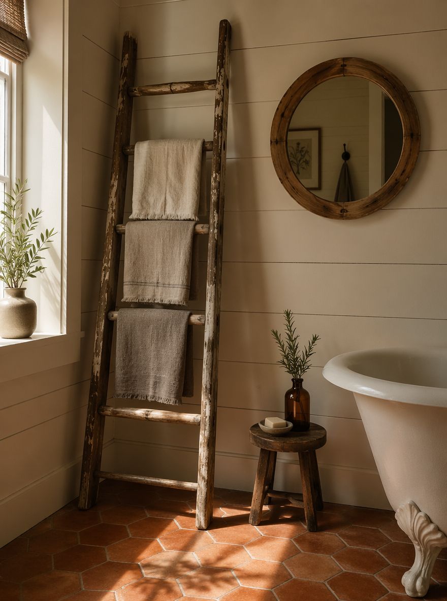 Antique ladder towel rack against shiplap corner