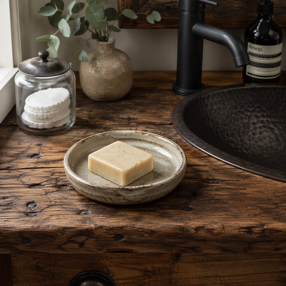 Handmade ceramic dish on aged wood countertop