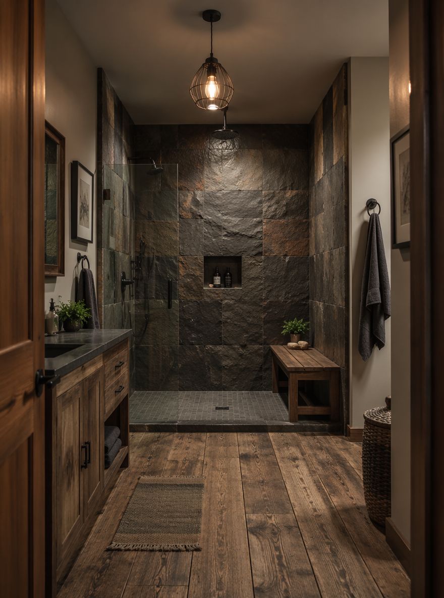 Full-wall slate shower with teak bench inside