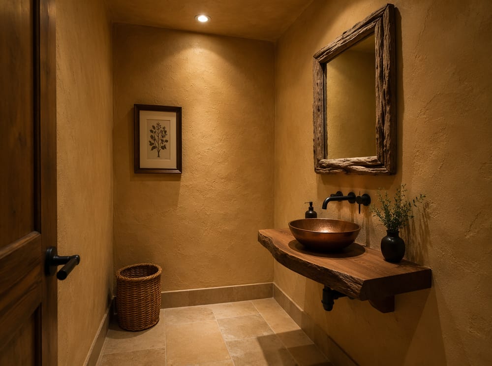 Copper basin on live-edge shelf in ochre powder room