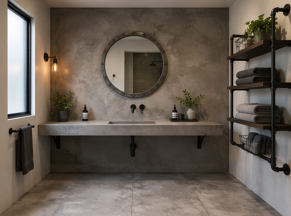 Troweled concrete wall behind floating concrete vanity