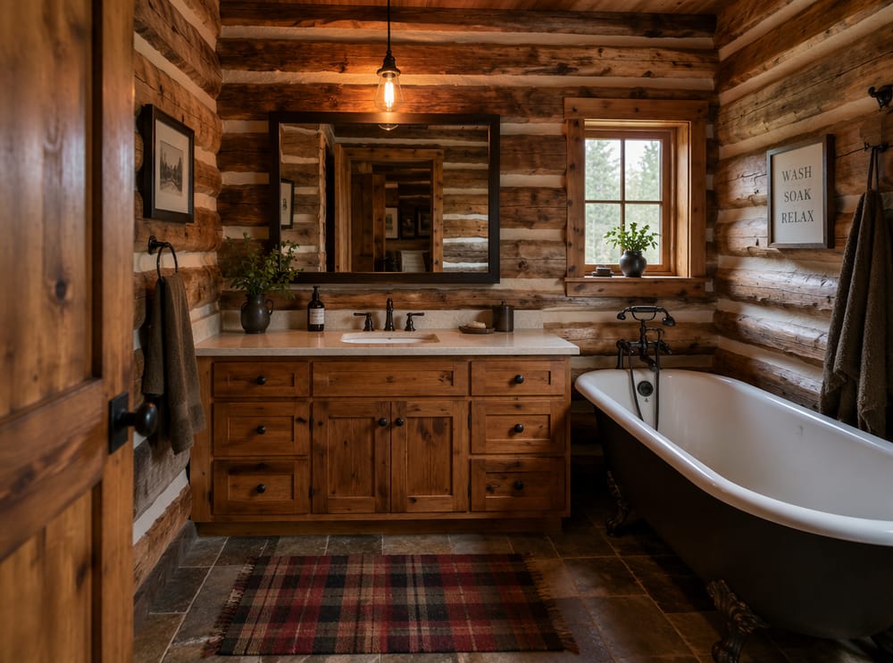 Knotty alder vanity inside a log cabin bathroom