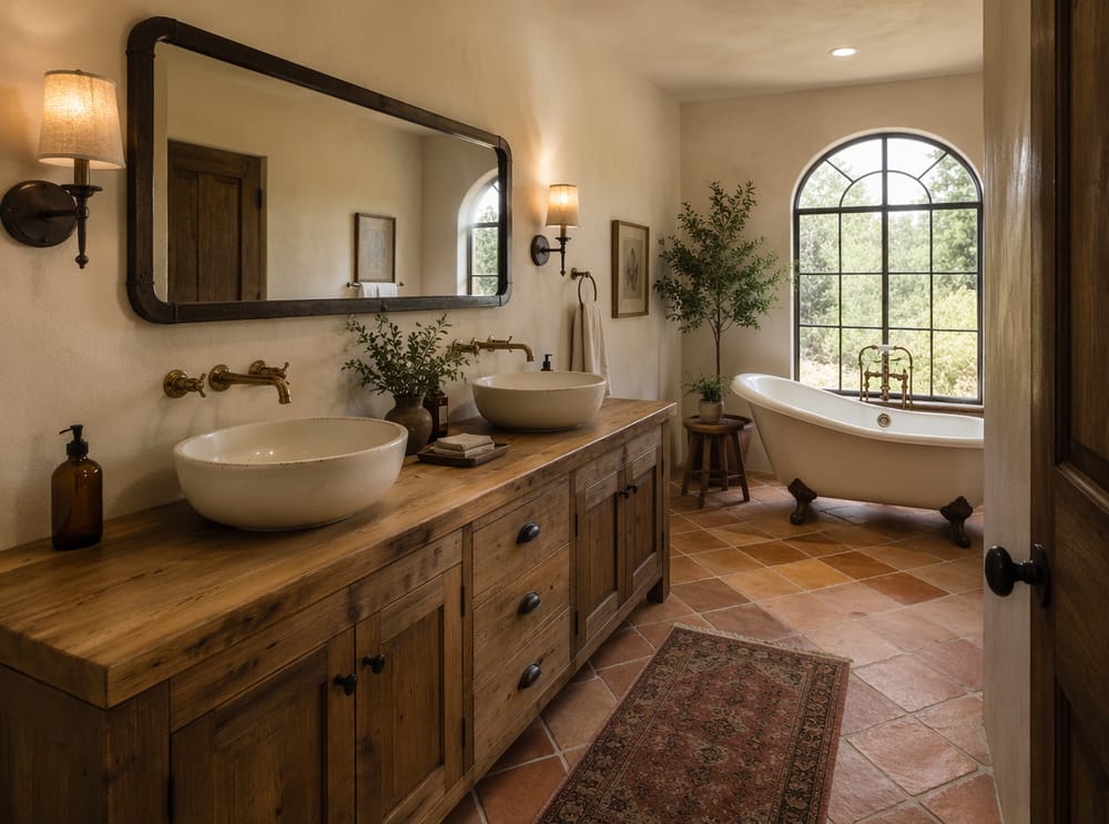 Butcher block double vanity beside arched window