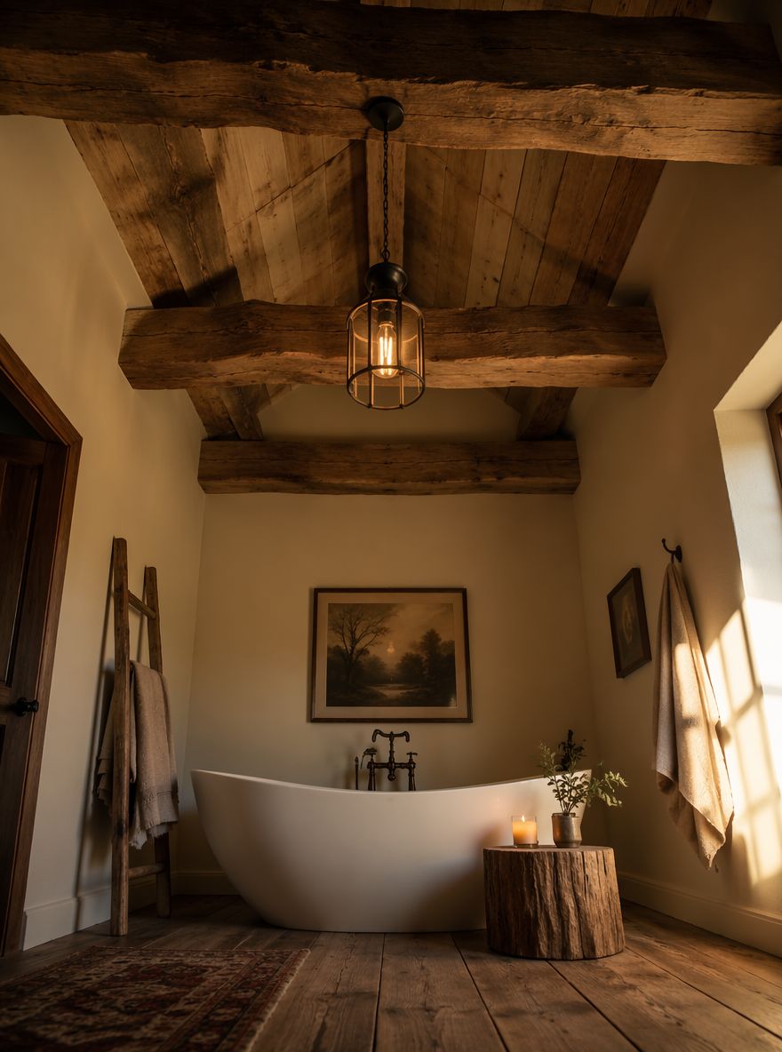 Exposed beam ceiling above centered soaking tub