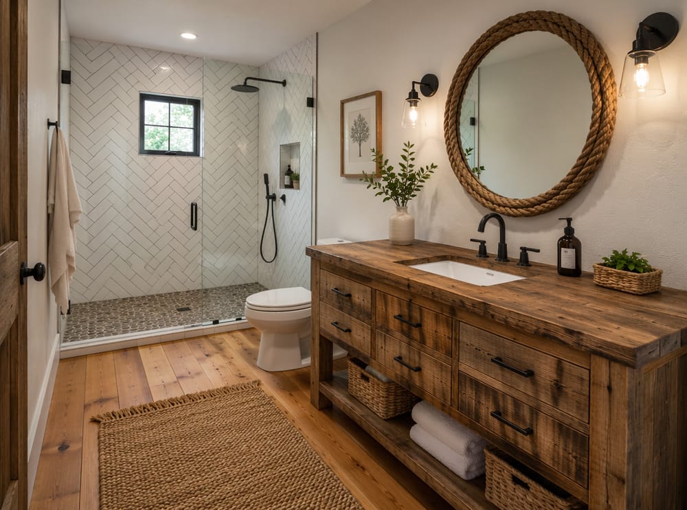Herringbone subway tile beside rope-framed round mirror