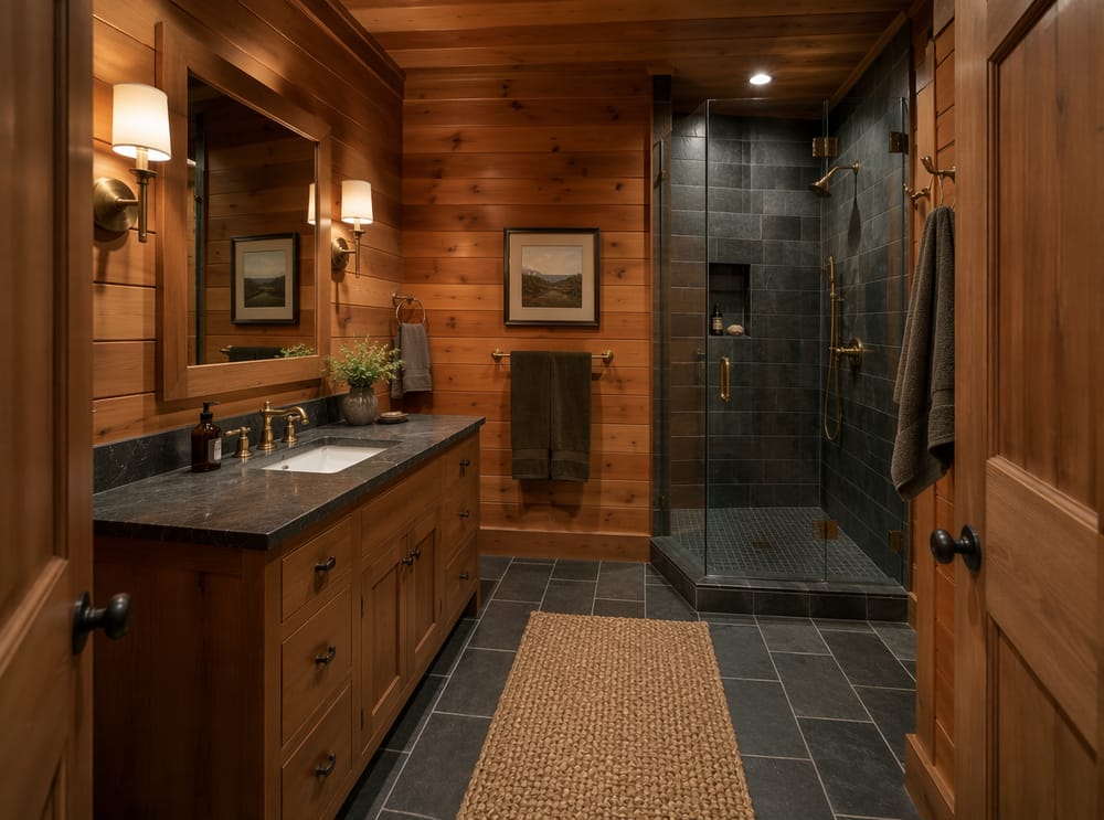 Cedar tongue-and-groove walls with soapstone vanity top