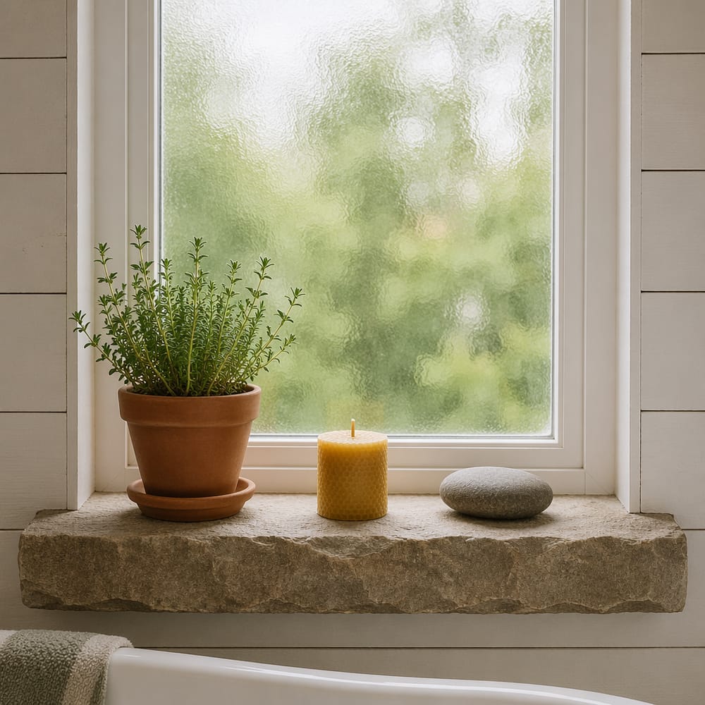 Stone sill with terracotta pot and river rock