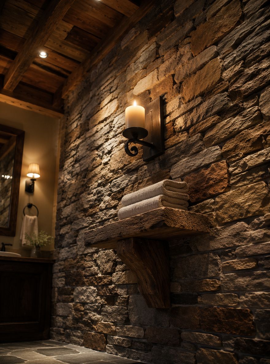 Stacked fieldstone wall with iron candle sconce