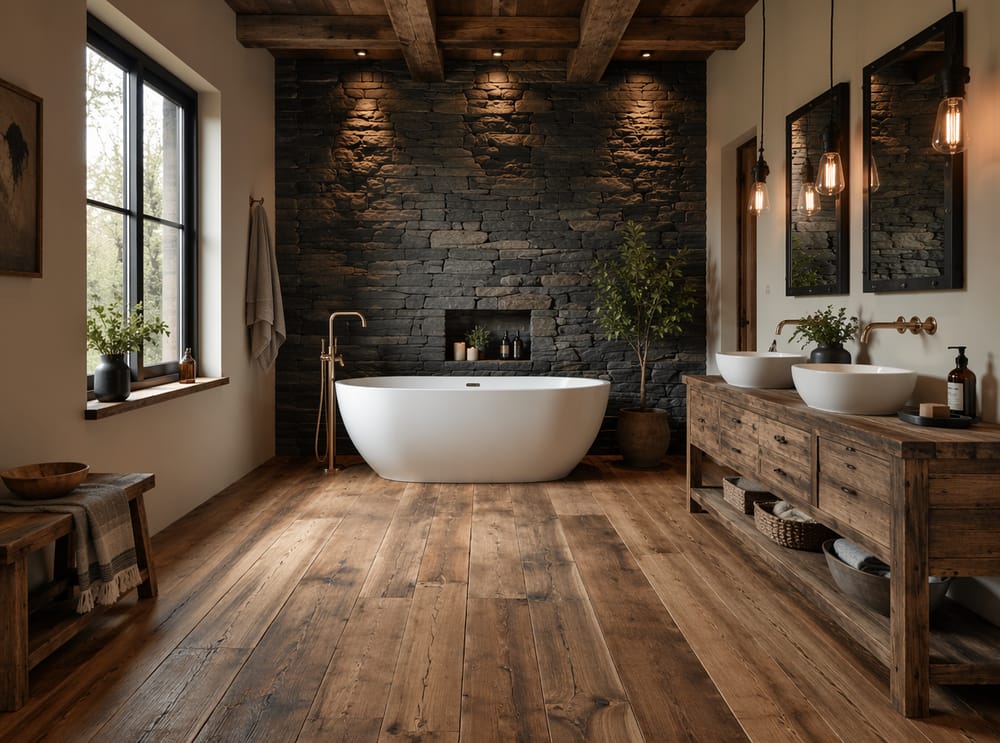 Stacked slate accent wall behind freestanding tub