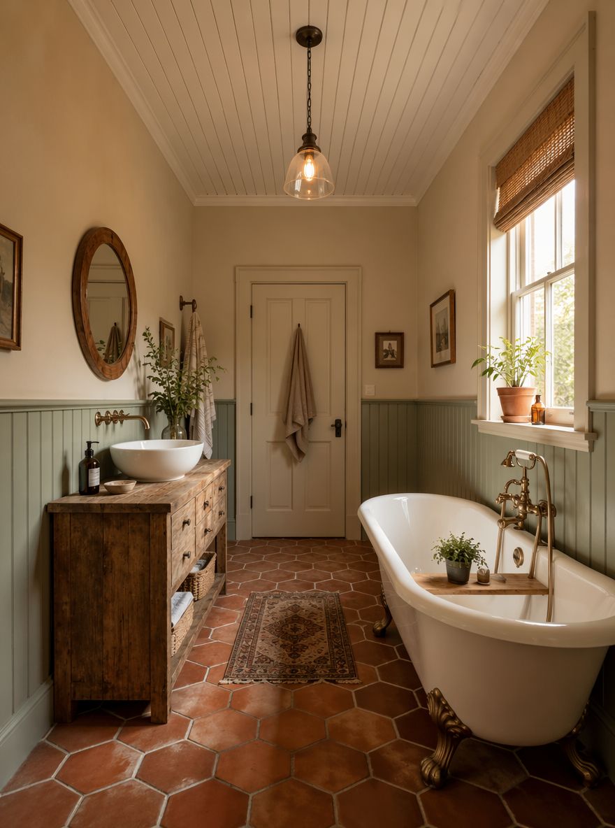 Long narrow bathroom with clawfoot tub foreground