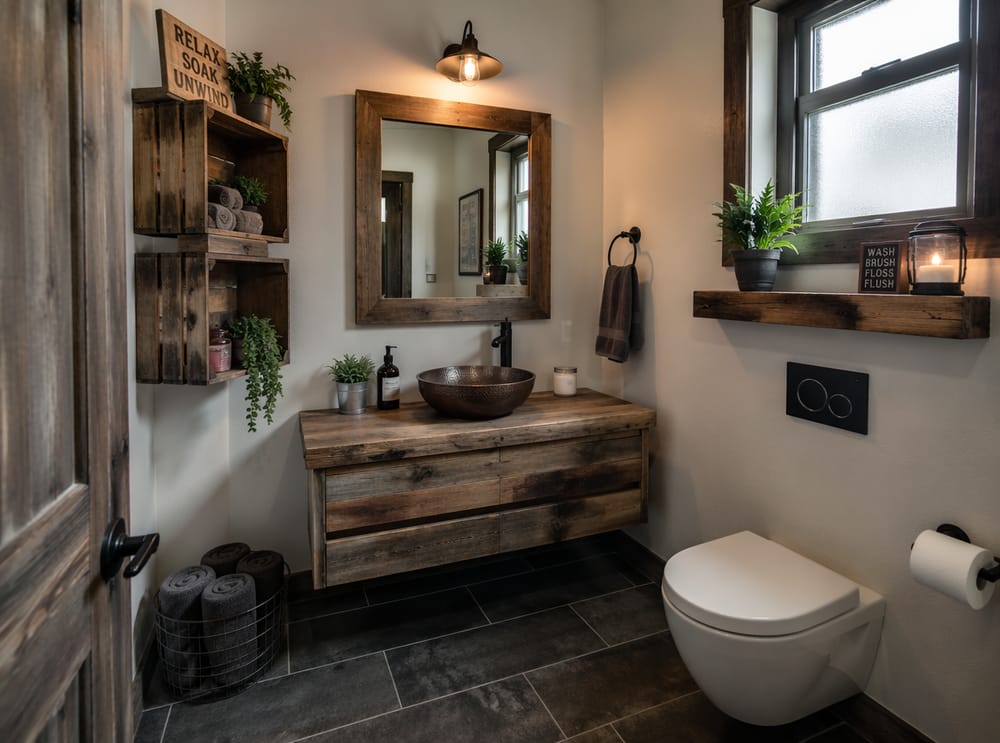 Hammered bronze vessel sink on barnwood-framed wall