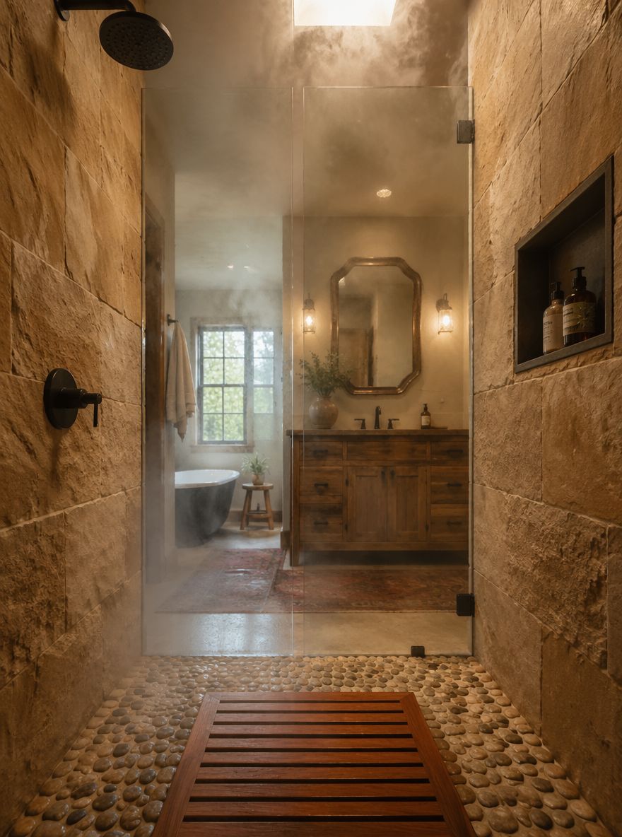 Sandstone shower interior looking out toward vanity