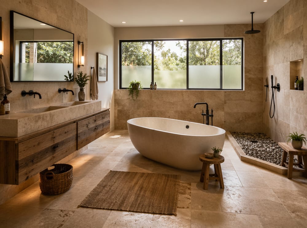 Open wet room with limestone floor and trough vanity