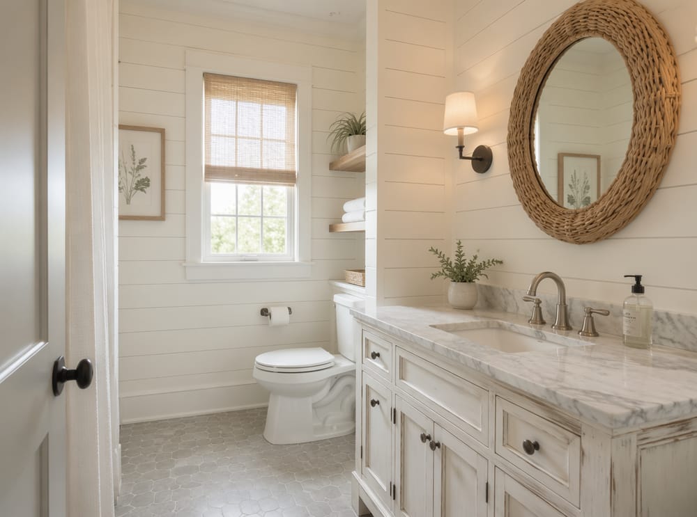 Distressed white vanity with wicker round mirror