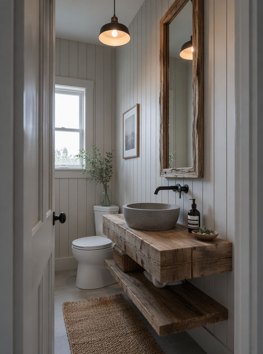 Vertical shiplap walls in a narrow grey en suite