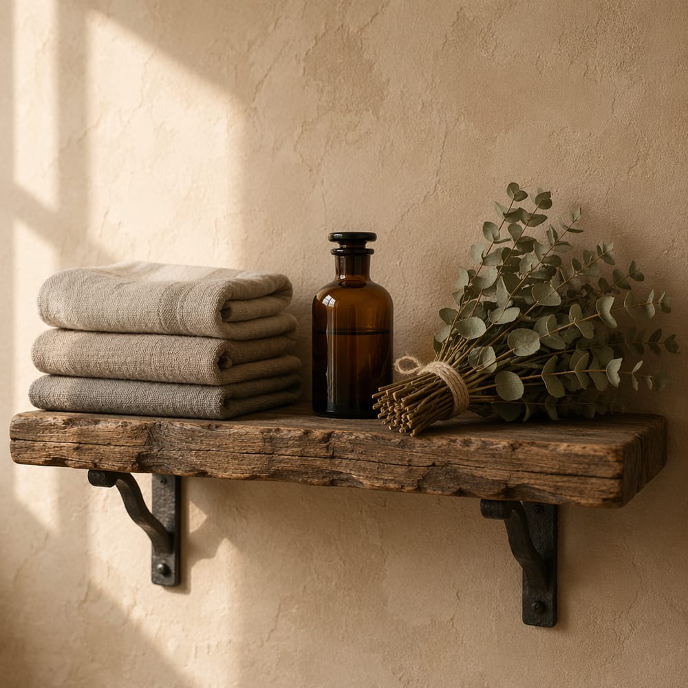 Linen towels and dried eucalyptus on iron bracket shelf