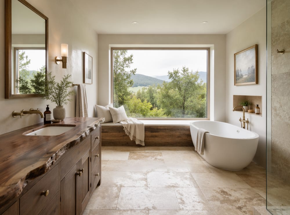 Window seat beside soaking tub in travertine bathroom