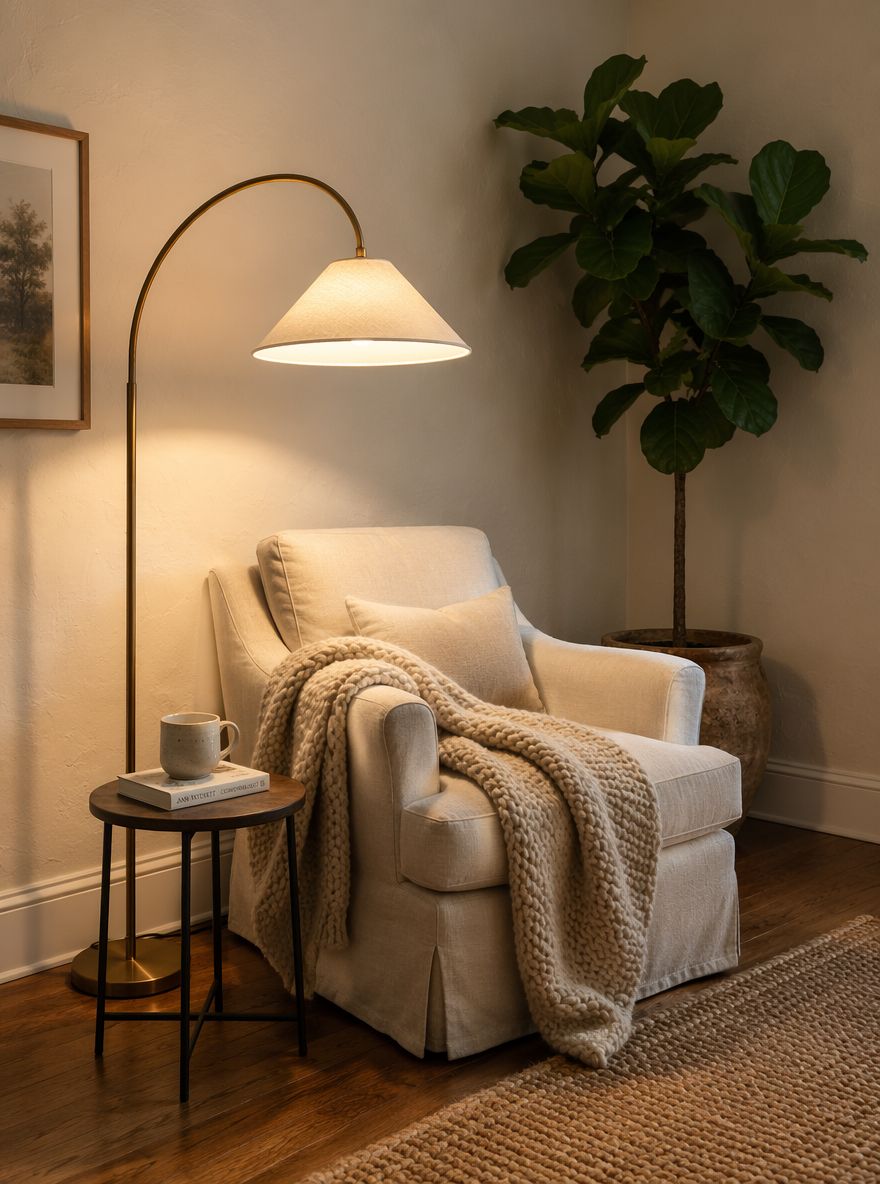 Łukowa lampa oświetlająca lniany kącik czytelniczy
