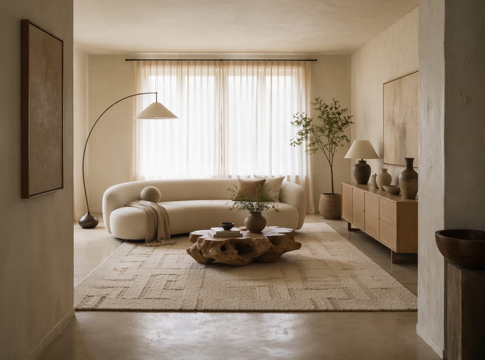Zakrzywiona kremowa sofa na geometrycznym wełnianym dywanie