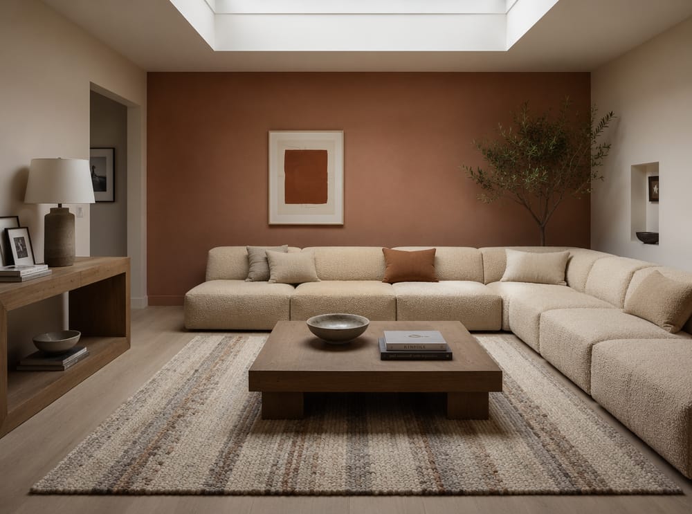 Modułowa sofa z bouclé piaskowym na prążkowanym wełnianym dywanie