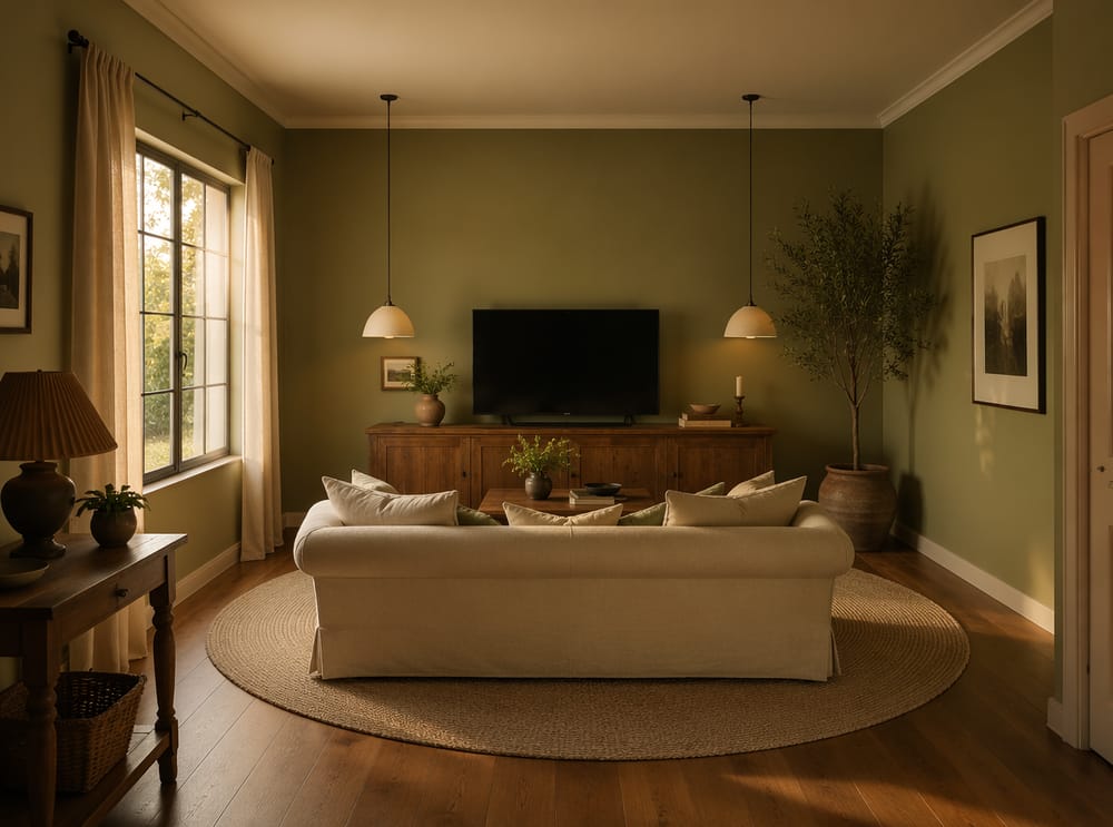 Ivory sofa na okrągłym dywanie, ściany szałwiowe