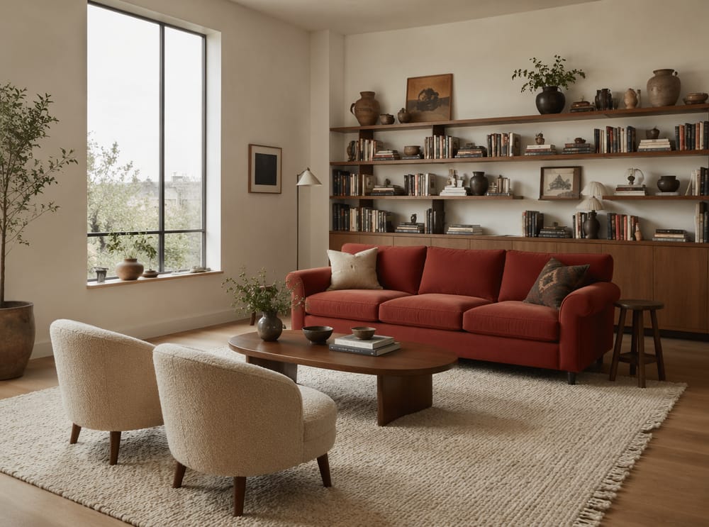 Sofa z cegły ustawiona pod kątem, owalny stolik