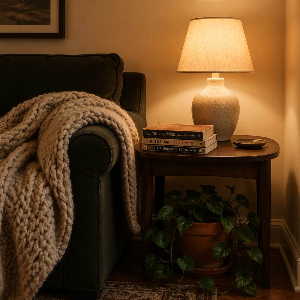 Koc z dzianiny, ceramiczna lampa i stos książek