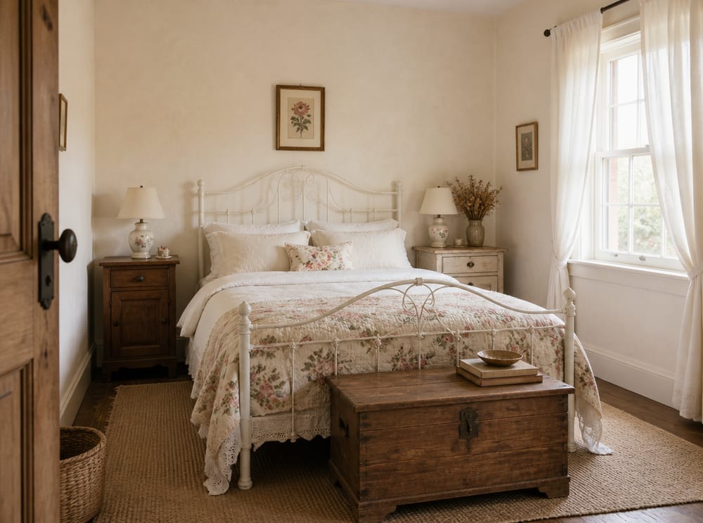 Hvit jernseng med dempet blomstrete quilt