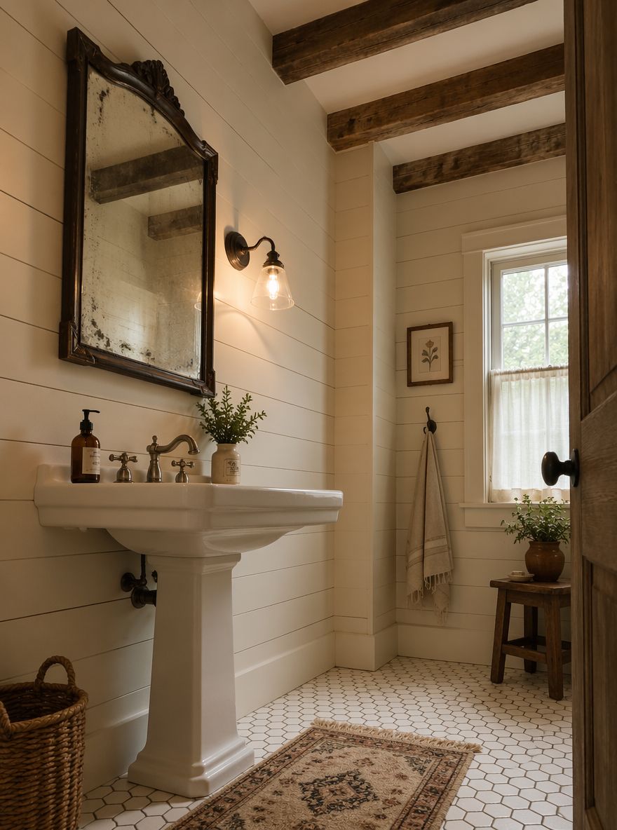 Lavabo a colonna sotto specchio antico e travi in legno