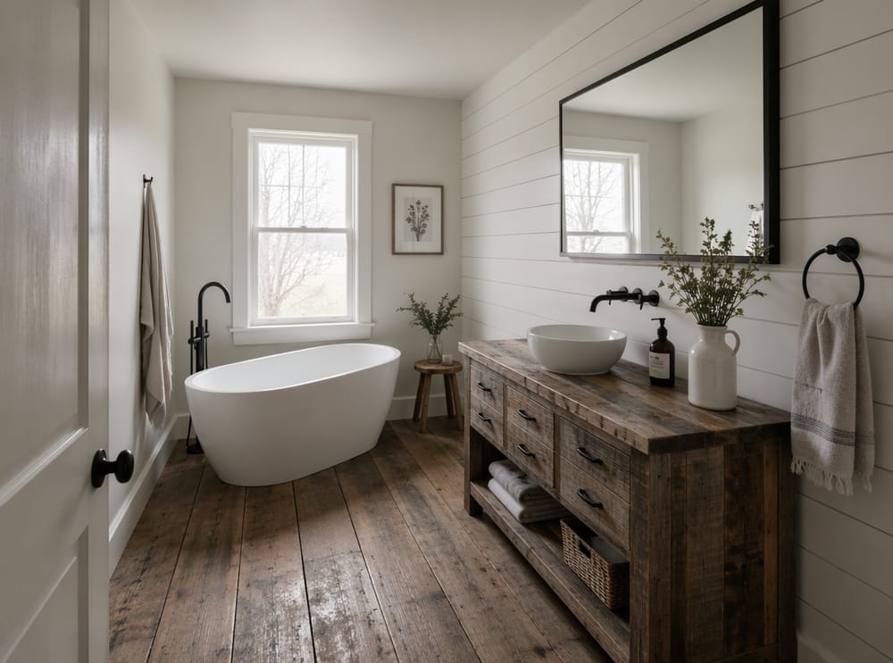 Mobile bagno in legno recuperato accanto a vasca