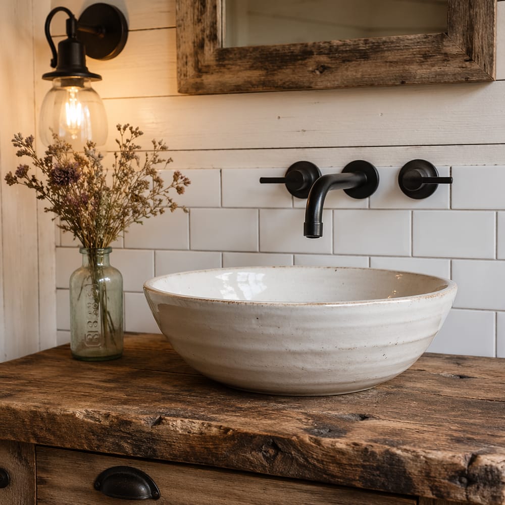 Lavabo da appoggio su piano in legno recuperato