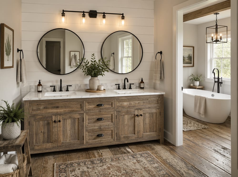 Doppio lavabo con specchi rotondi e shiplap orizzontale