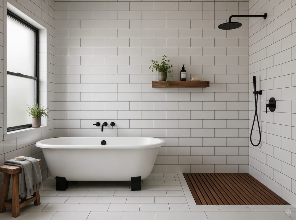 Bagno open space con vasca freestanding e griglia in teak