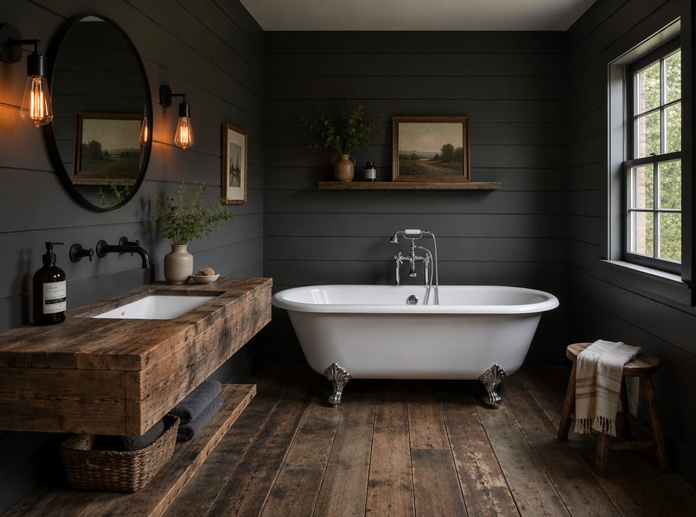 Shiplap color antracite con vasca cromata e mobile in legno